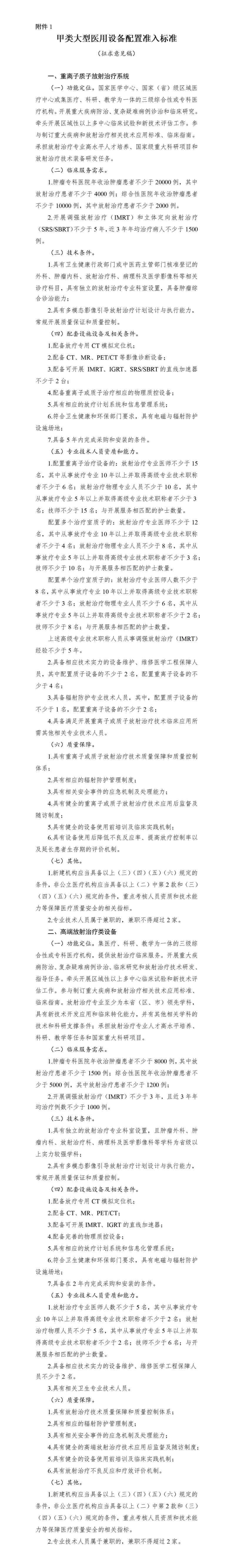 國(guó)家卫生健康委关于公开征求大型医用(yòng)设备配置准入标准意见的函